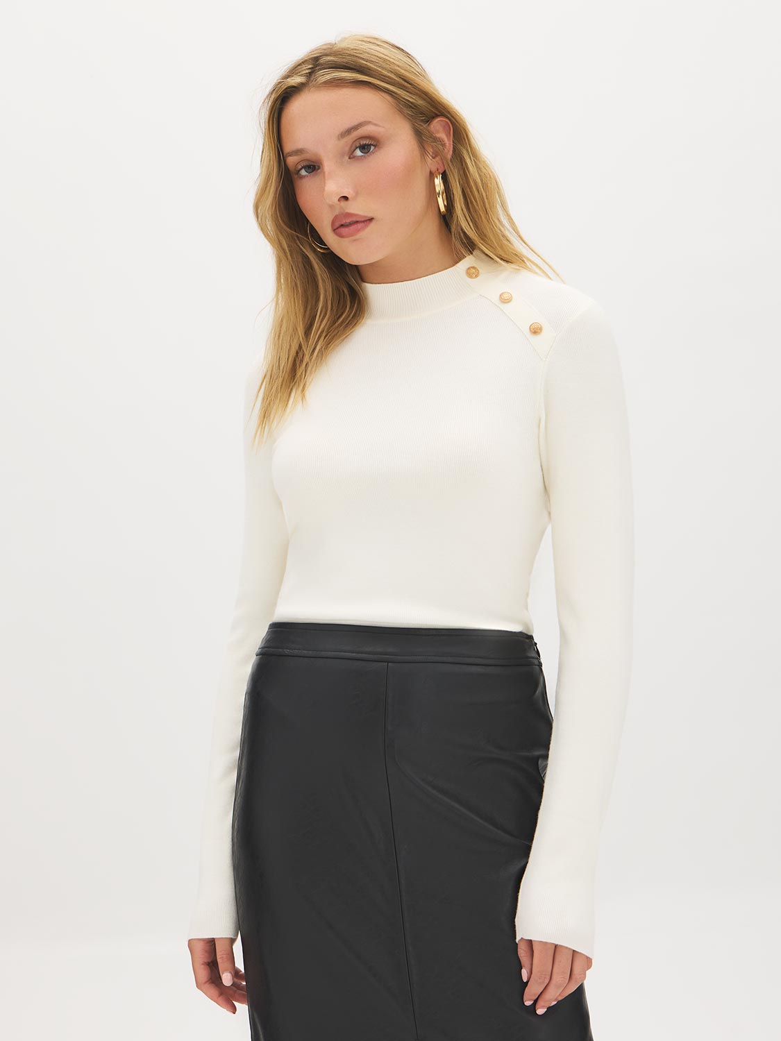 Snow White Mock Neck Sweater with Button Detail - Woman Wearing Ribbed Knit Top - Suzy Shier