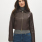 Brown Vegan Leather Shorts with Front Zipper - Front View - Suzy Shier