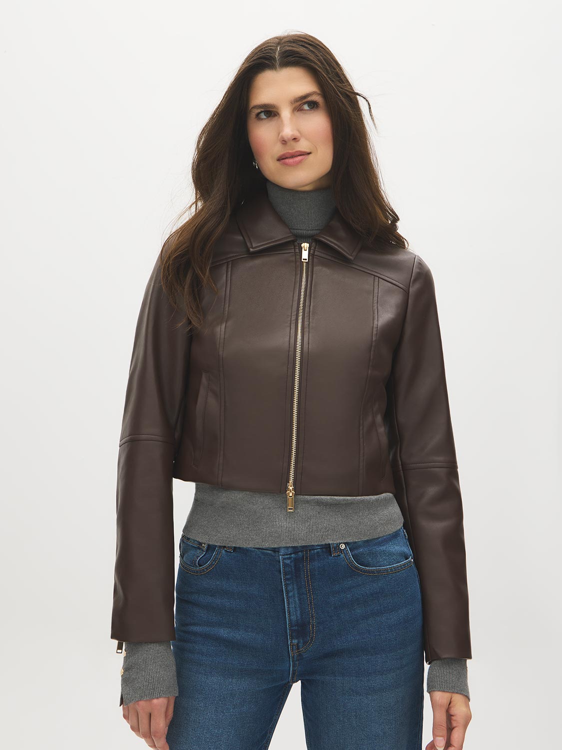 Brown Vegan Leather Shorts with Front Zipper - Front View - Suzy Shier