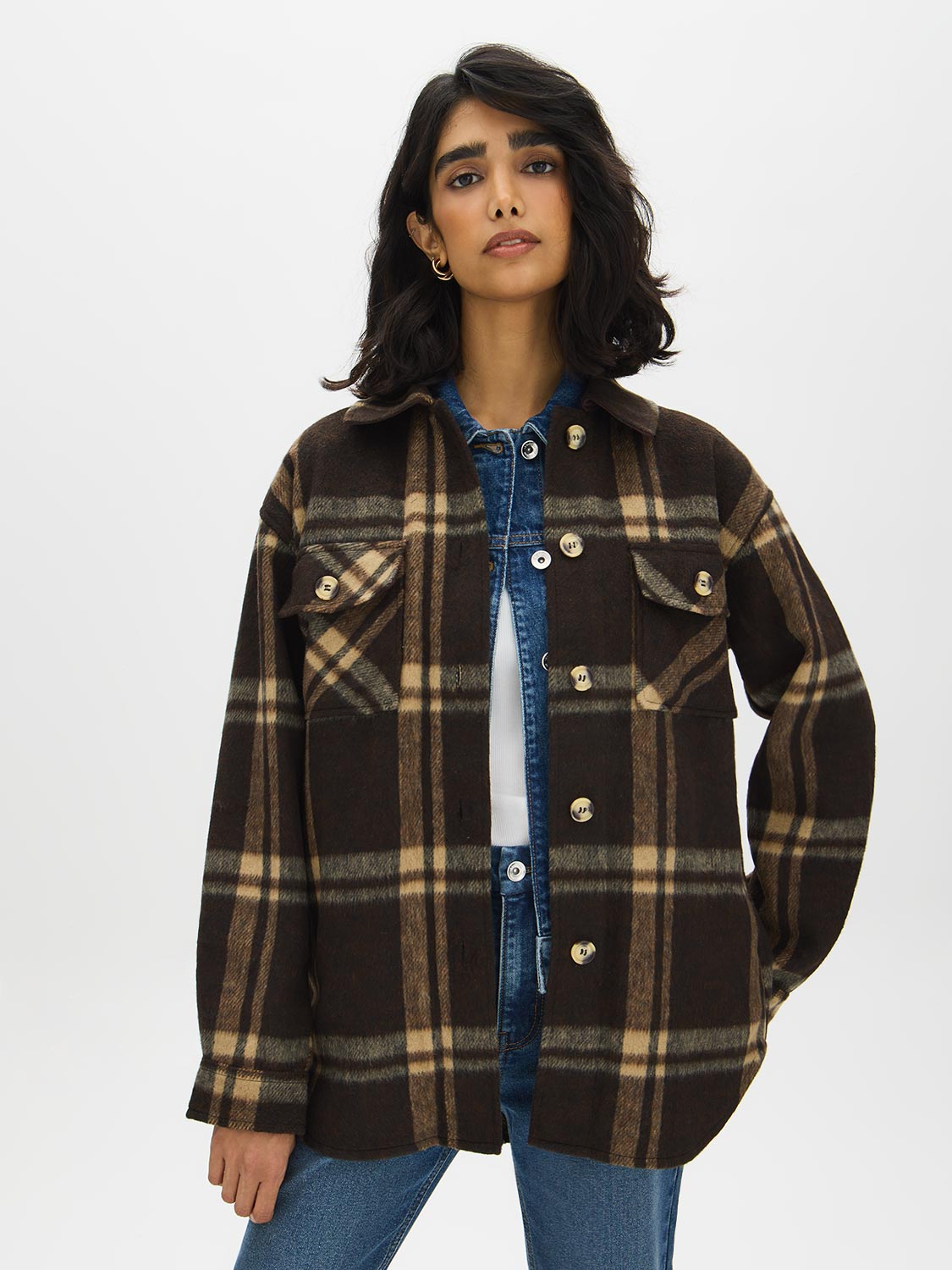 Khaki Plaid Shacket with Front Pockets - Woman Wearing Layered Jacket - Suzy Shier