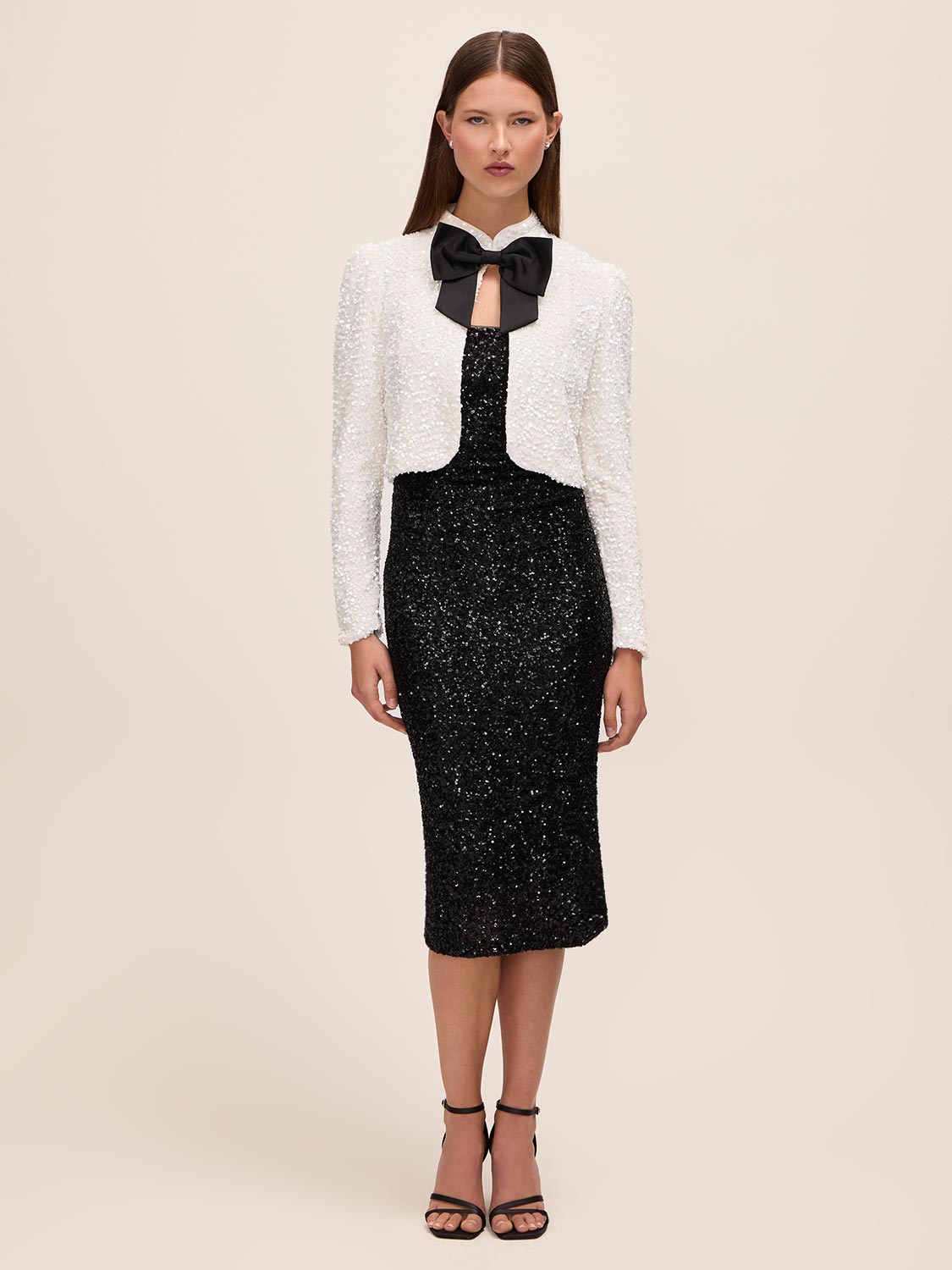 Black and Antique Cream Sequin Bolero with Puffy Sleeves - Full Outfit View - Le Chateau