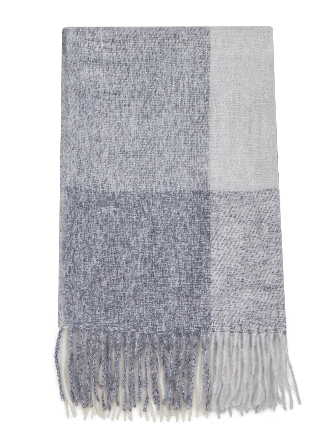 Oatmeal and Cream Soft Brushed Plaid Scarf - Close-up of Fringed Detail - Suzy Shier