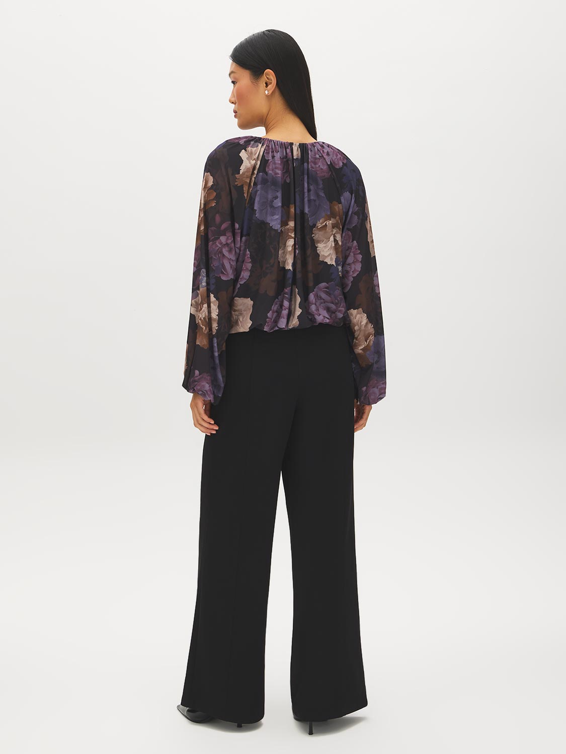 Prune Floral Mesh Bubble Top with Balloon Sleeves - Back View - Suzy Shier
