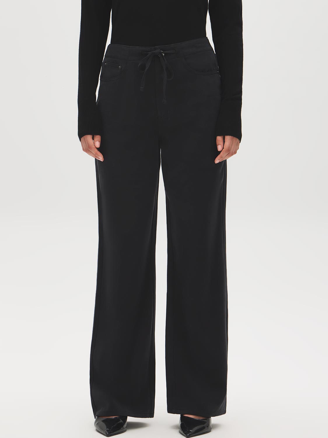 Black Brushed Tencel Straight Leg Pant - Front View - Suzy Shier