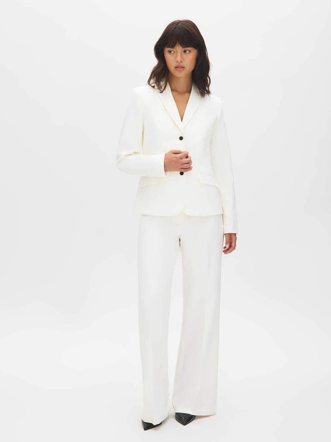 Off White Three-Button Notch Collar Blazer - Full Body View - Suzy Shier
