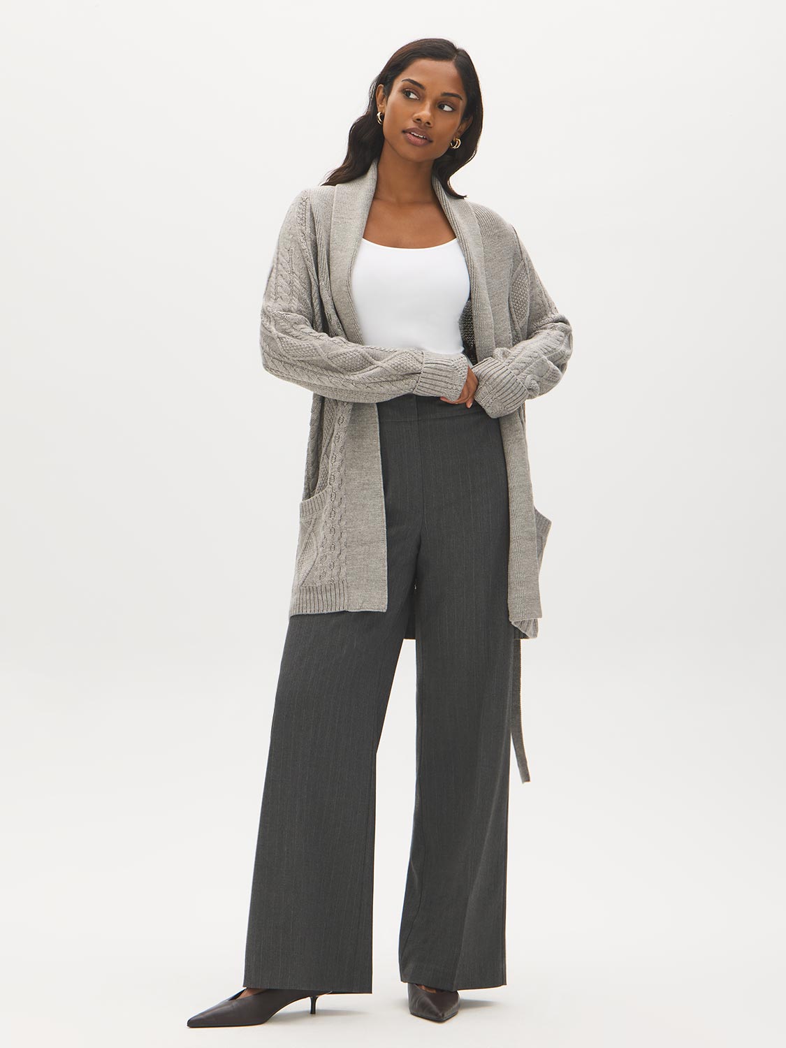 Dolphin Melange Cable Knit Shawl Collar Duster Sweater - Side Profile View - Suzy Shier