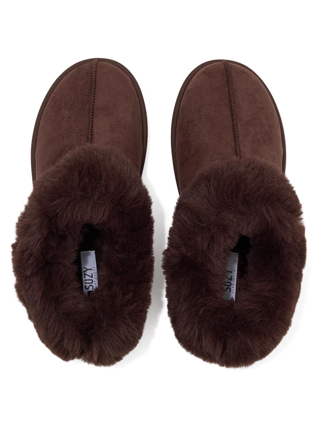Dark Brown Faux Suede Slippers with Faux Fur Insole - Top View - Suzy Shier