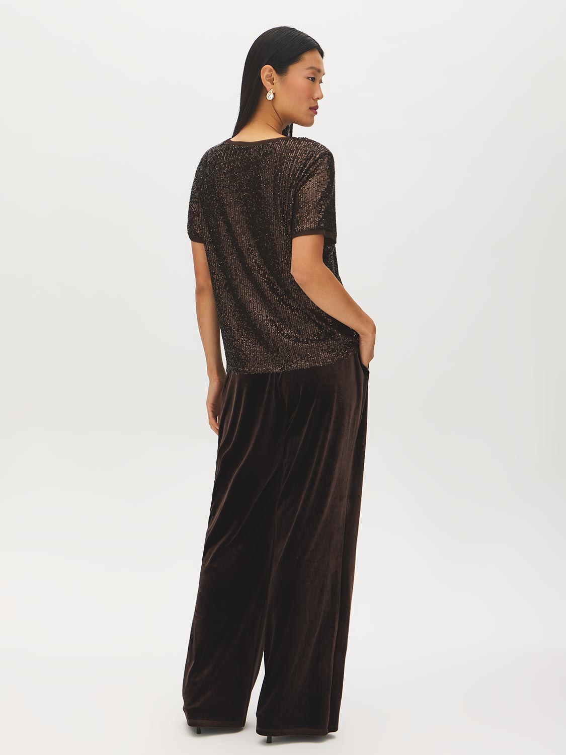 Brown Sequined Mesh Tee - Back View - Suzy Shier