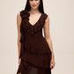 Coco Powder V-Neck Chiffon Gown with Tiered Ruffles - Woman Wearing Elegant Evening Dress - Le Chateau