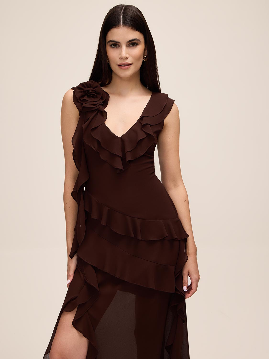 Coco Powder V-Neck Chiffon Gown with Tiered Ruffles - Woman Wearing Elegant Evening Dress - Le Chateau