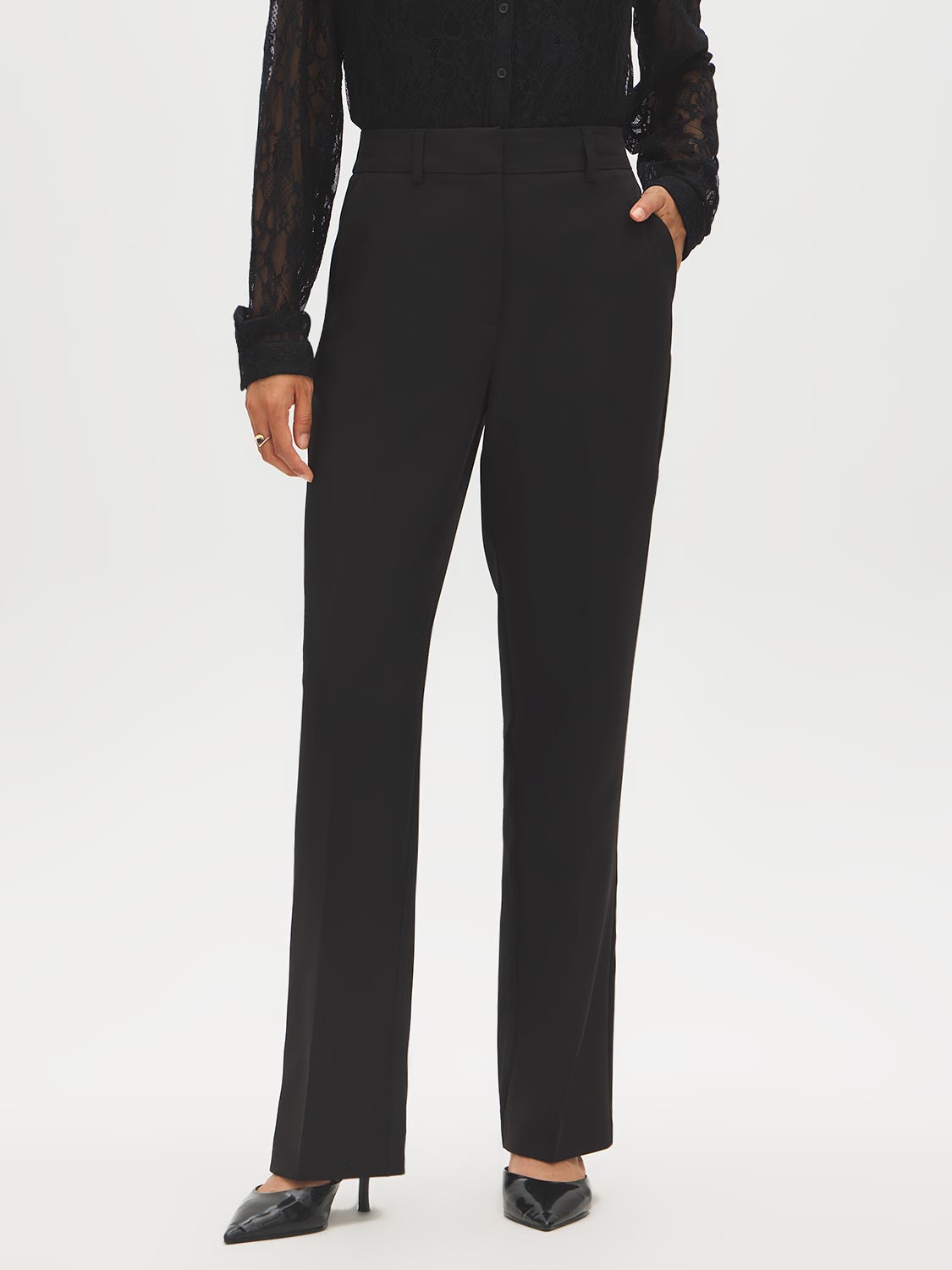 Black Front Zip Trousers with Elastic Back - Front View - Suzy Shier