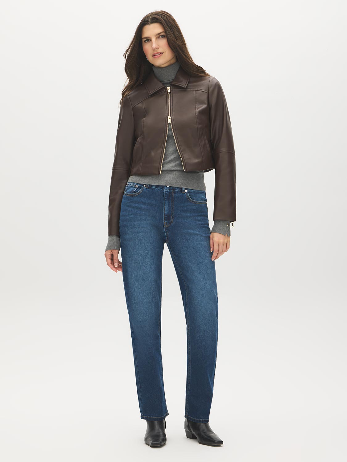 Brown Vegan Leather Shorts with Front Zipper - Woman Wearing Lined Leather Shorts - Suzy Shier