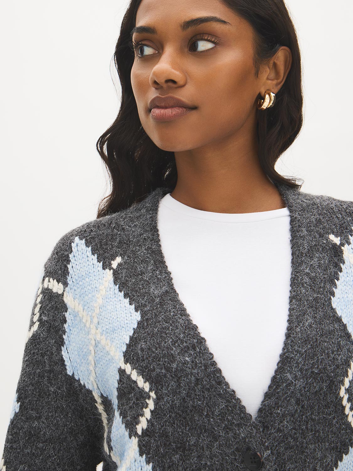 Charcoal V-Neck Button-Front Cardigan - Close-up Fabric Detail - Suzy Shier