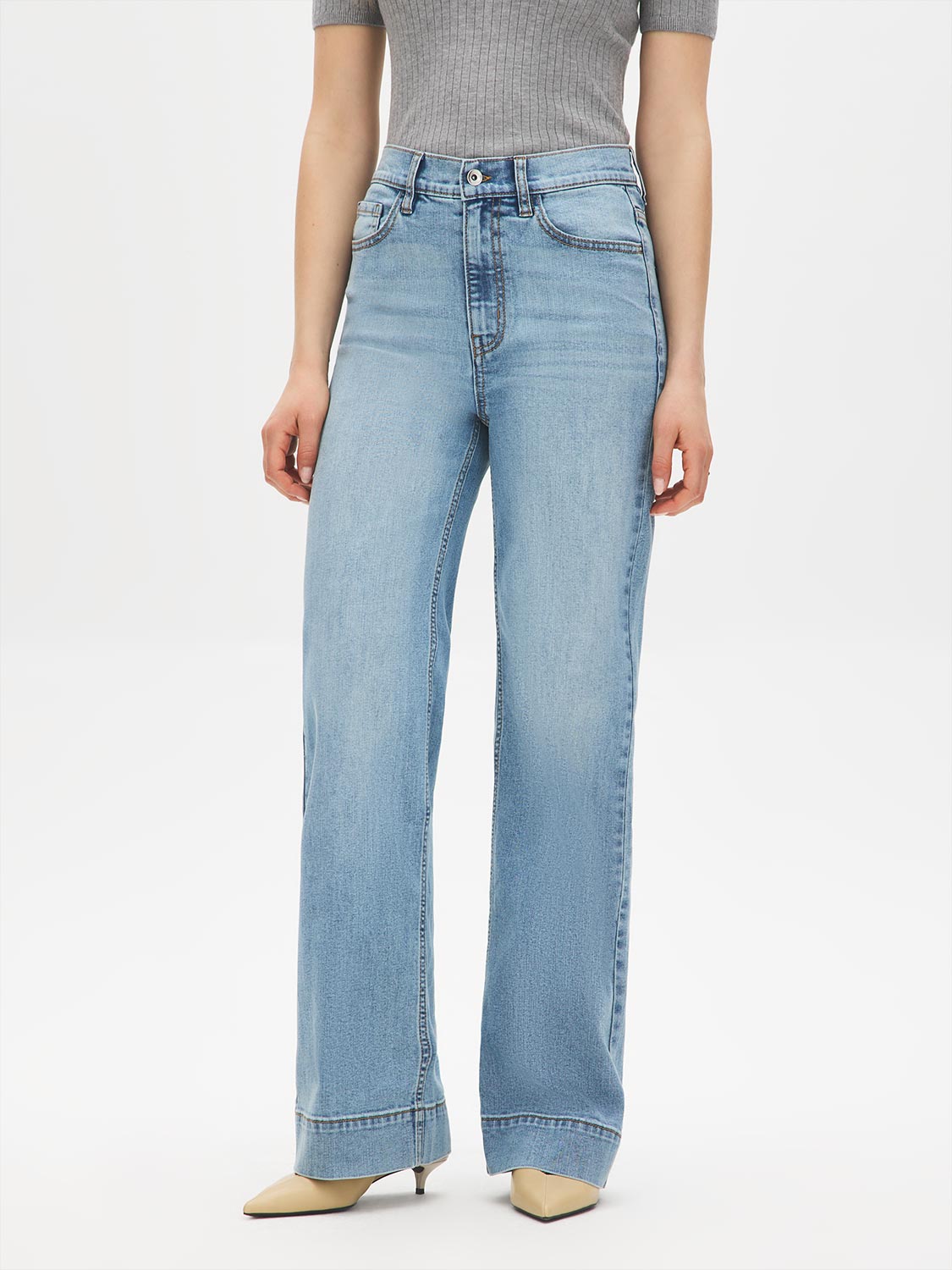Medium Stone Wash Straight Leg Denim with Wide Hem - Front View - Suzy Shier