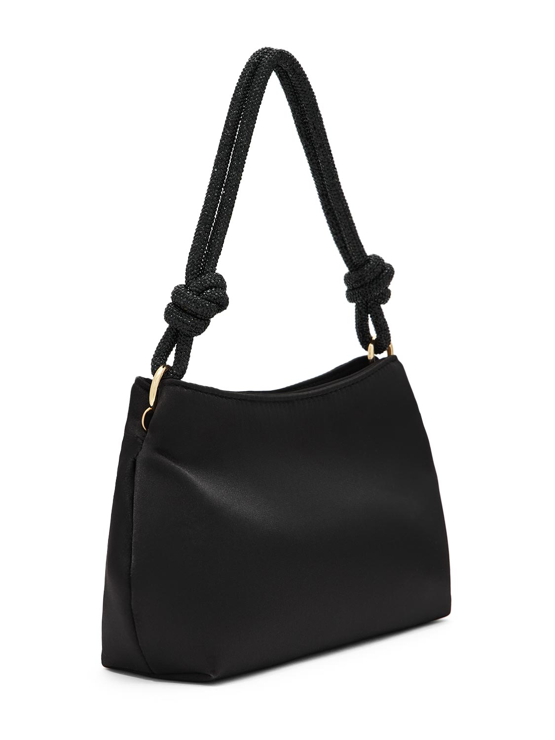 Brown/Gold Woven Satin Bag with Jeweled Top Handle - Side Profile View - Le Chateau