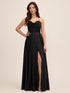 Black Satin Bustier Gown with Leg Opening - Woman Wearing Formal Evening Dress - Le Chateau