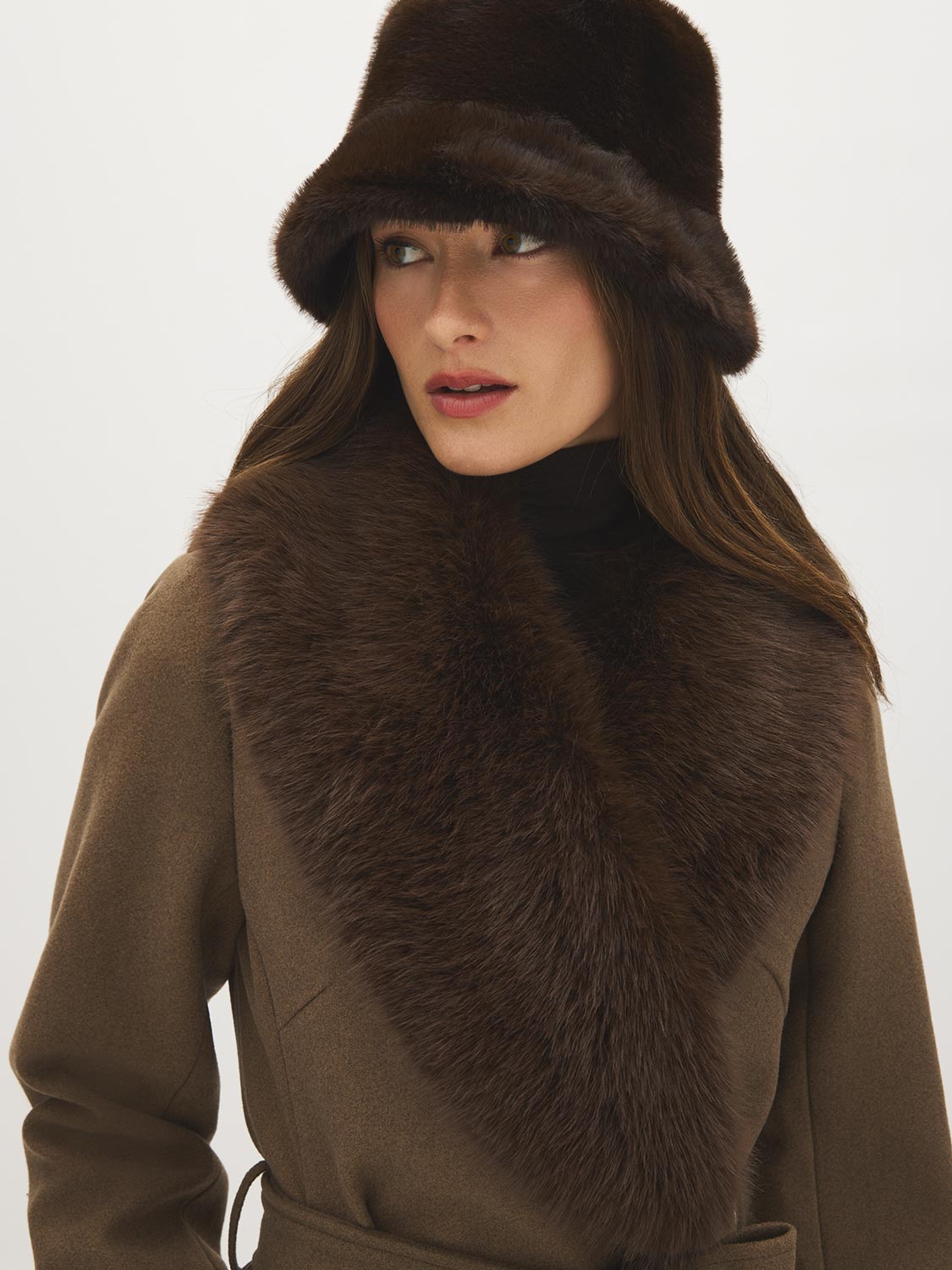 Brown Faux Fur Bucket Hat - Woman Wearing Faux Fur Hat - Suzy Shier