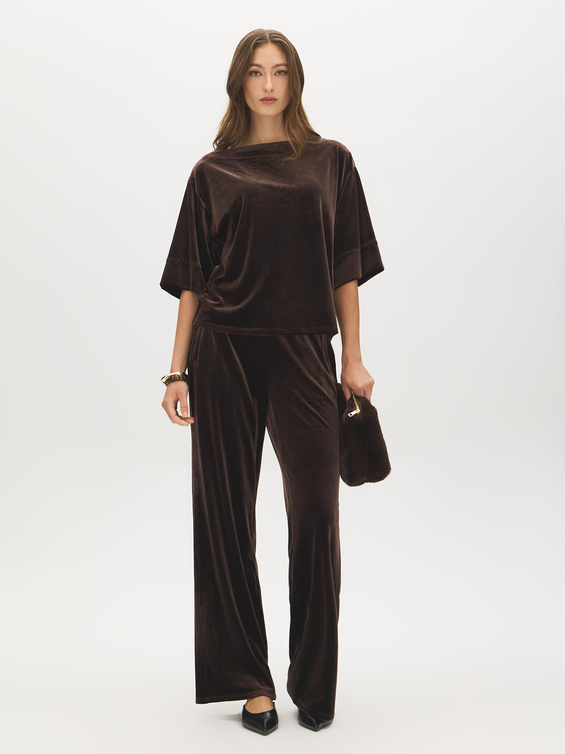 Coffee Bean Boxy Velvet Boat Neck Top - Front View - Suzy Shier