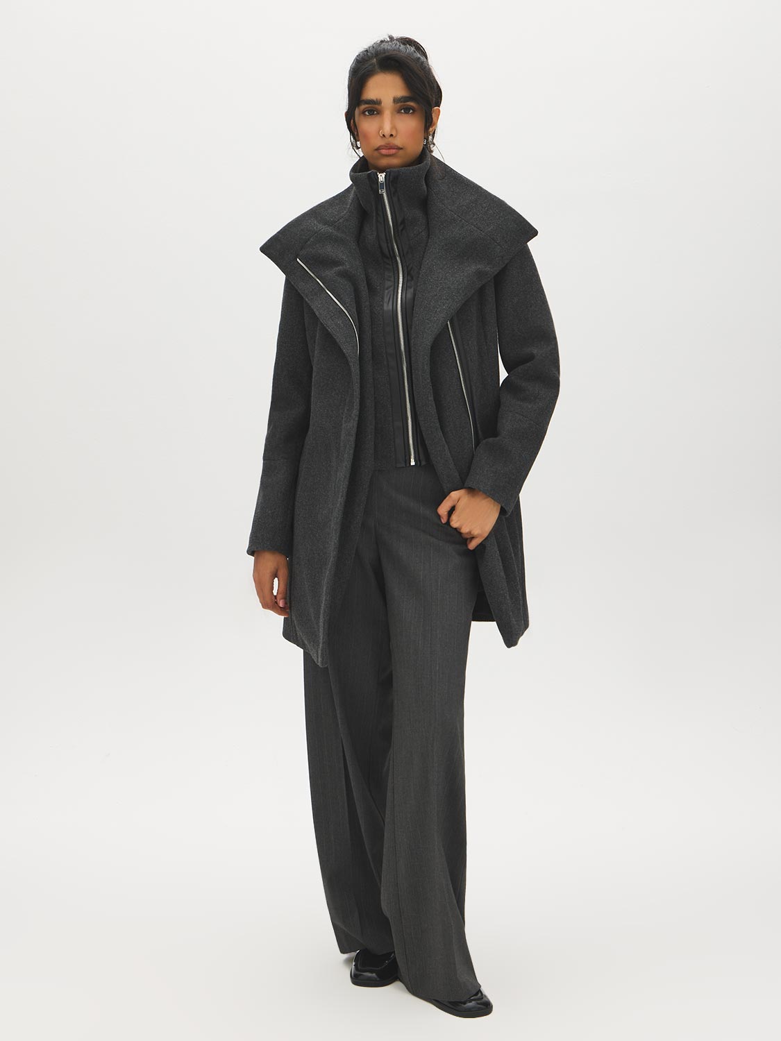 Dark Charcoal Melange Double Collar Mid-Length Coat with Belt - Front View - Suzy Shier