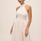 Antique Cream Sleeveless Satin Gown with Flared Hem - Side Profile View - Le Chateau