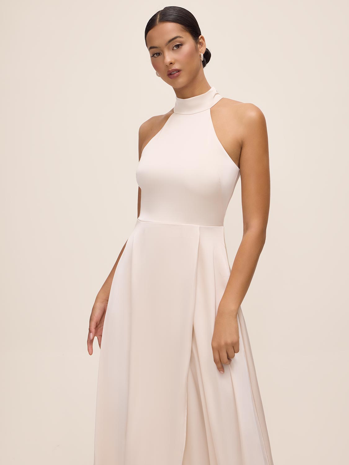 Antique Cream Sleeveless Satin Gown with Flared Hem - Side Profile View - Le Chateau