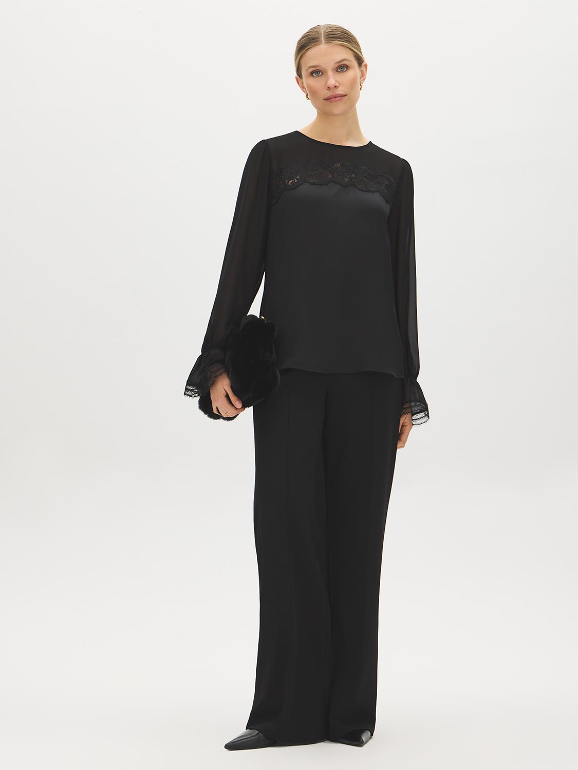 Black Lace Detail Chiffon and Satin-Like Blouse - Front View - Suzy Shier