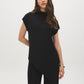 Black Mock Neck Shimmer Asymmetrical Top - Woman Wearing Sleeveless Knit Top - Suzy Shier