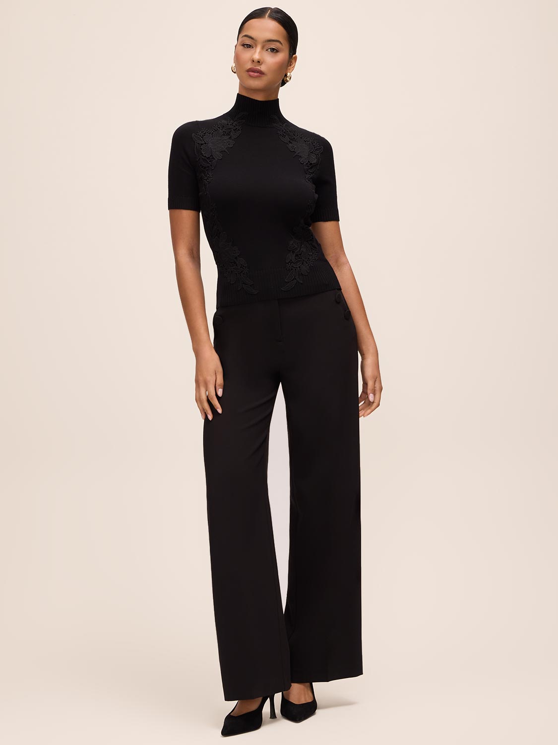 Black Short Sleeve Sweater with Lace Appliqué - Front View - Le Chateau