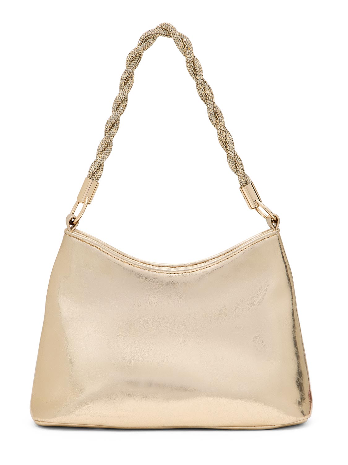 Gold Metallic Faux Leather Bag with Jeweled Handle - Statement Evening Accessory - Le Chateau