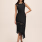 Black Satin Midi Dress with Illusion Lace Inserts - Woman Wearing Elegant Evening Dress - Le Chateau