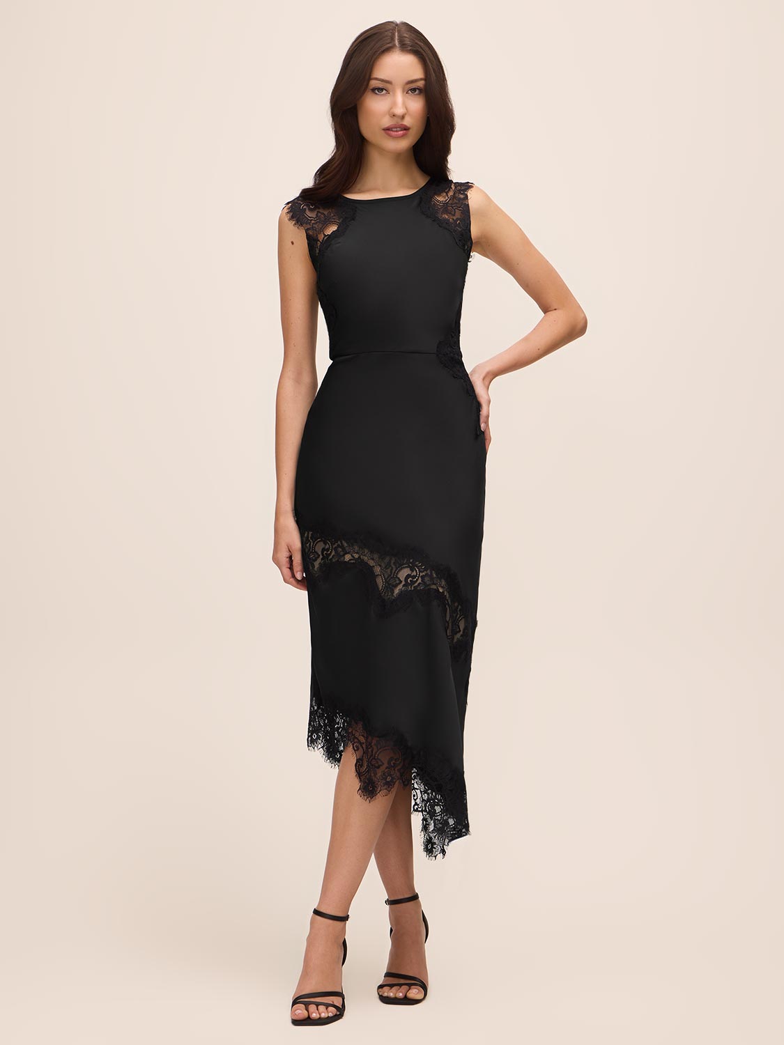 Black Satin Midi Dress with Illusion Lace Inserts - Woman Wearing Elegant Evening Dress - Le Chateau