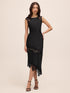 Black Satin Midi Dress with Illusion Lace Inserts - Woman Wearing Elegant Evening Dress - Le Chateau