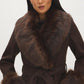 Dark Brown Melange Long Belted Faux Wool Coat - Collar Detail - Suzy Shier