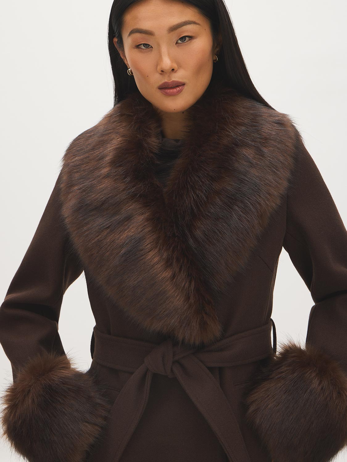 Dark Brown Melange Long Belted Faux Wool Coat - Collar Detail - Suzy Shier