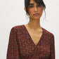 Coffee Bean Multi V-Neck Empire Cut Blouse - Close-up Fabric Detail - Suzy Shier