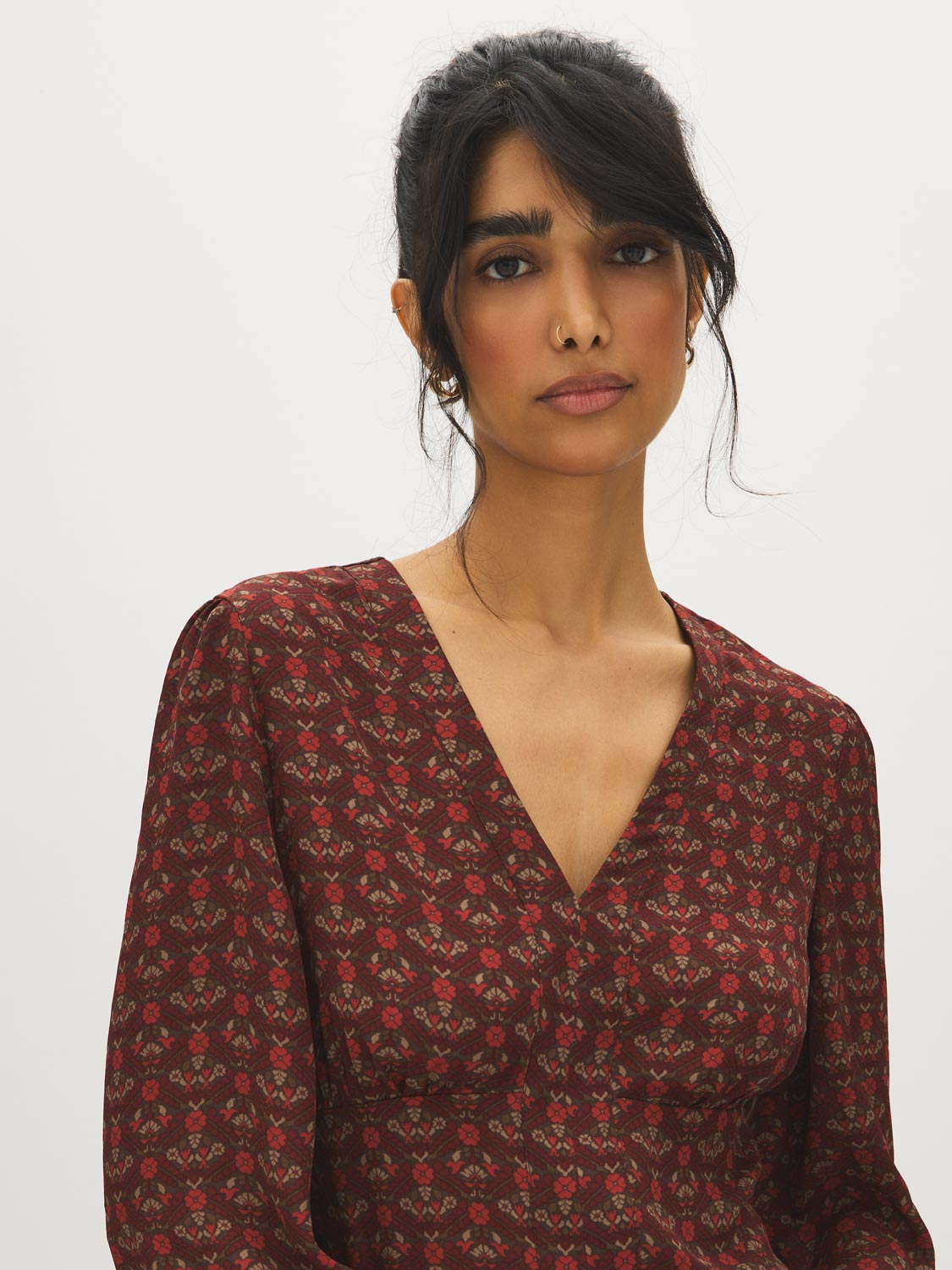 Coffee Bean Multi V-Neck Empire Cut Blouse - Close-up Fabric Detail - Suzy Shier