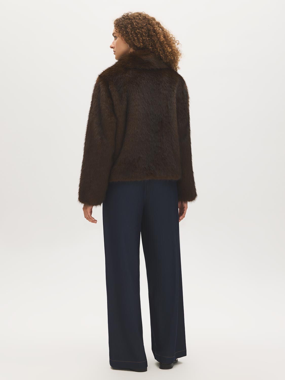 Brown Faux Fur Coat with Leather Detail - Back View - Suzy Shier