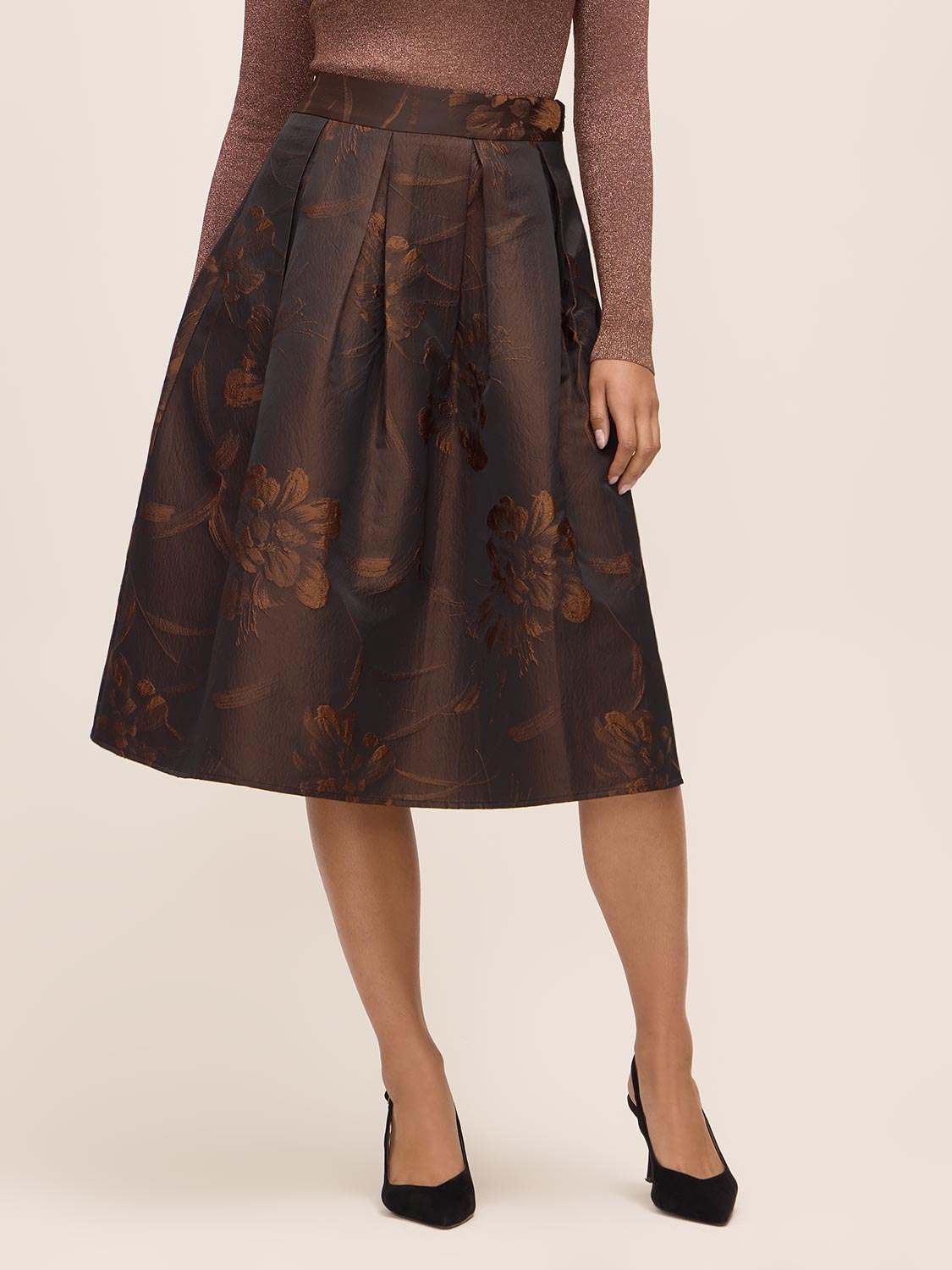 Copper Floral Jacquard Midi Skirt with Box Pleats - Front View - Le Chateau