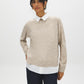 Tan Melange Twofer Sweater with Poplin Collar - Woman Wearing Layered Look Knit Sweater - Suzy Shier