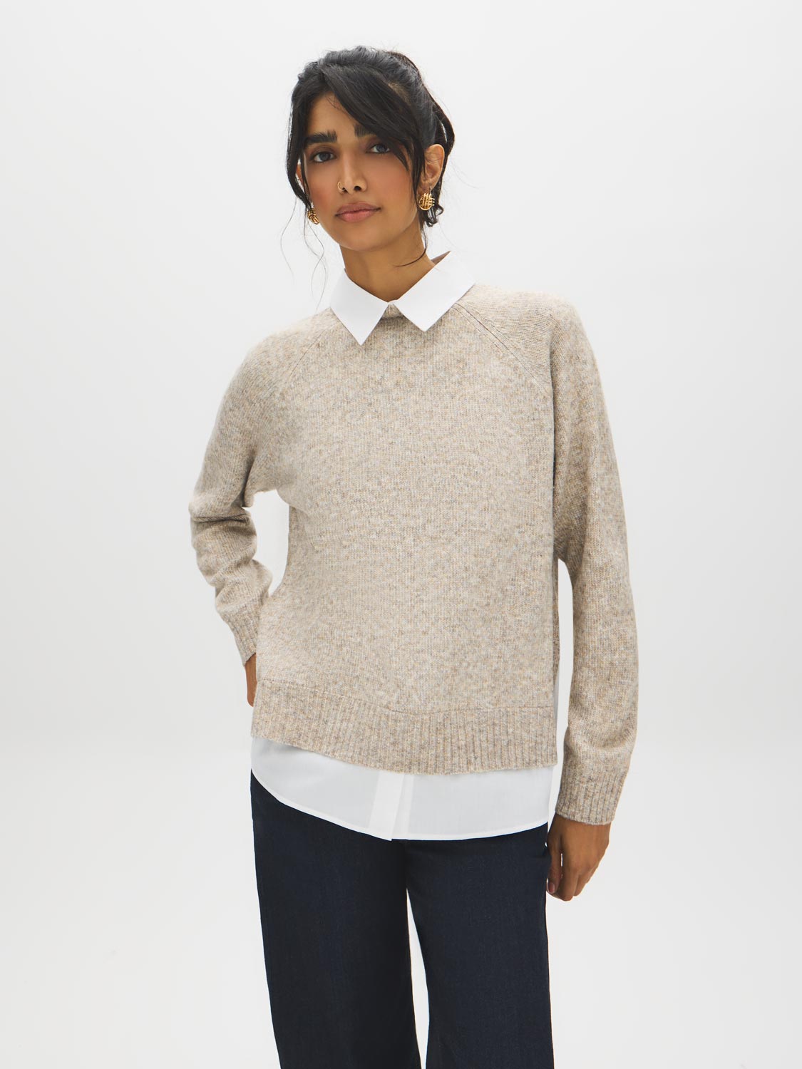 Tan Melange Twofer Sweater with Poplin Collar - Woman Wearing Layered Look Knit Sweater - Suzy Shier