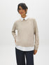 Tan Melange Twofer Sweater with Poplin Collar - Woman Wearing Layered Look Knit Sweater - Suzy Shier