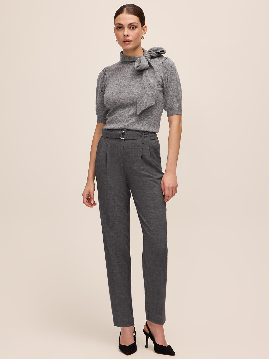 Grey Mix Self-Belt Pleated Slim Pants - Woman Wearing Tailored Trousers with Self-Tie Belt - Le Chateau