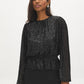 Black Sequin Top with Balloon Sleeves - Woman Wearing Sparkling Knit Top - Suzy Shier