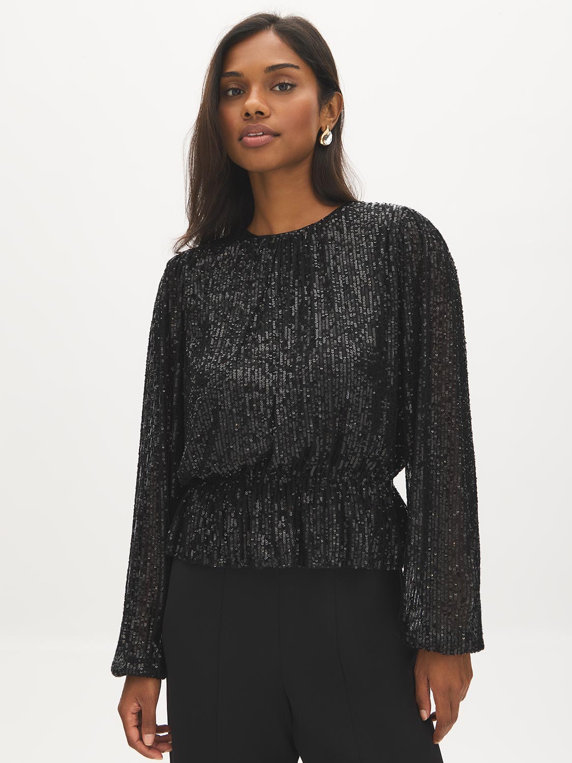 Black Sequin Top with Balloon Sleeves - Woman Wearing Sparkling Knit Top - Suzy Shier