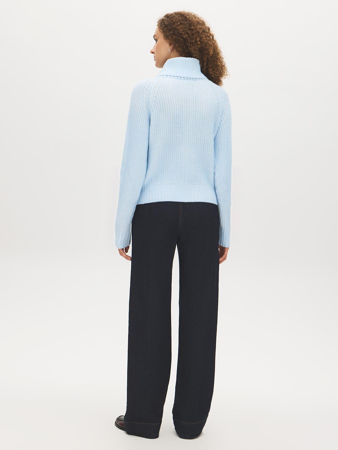 Blue Ribbed Shaker Stitch Sweater with Large Collar - Back View - Suzy Shier