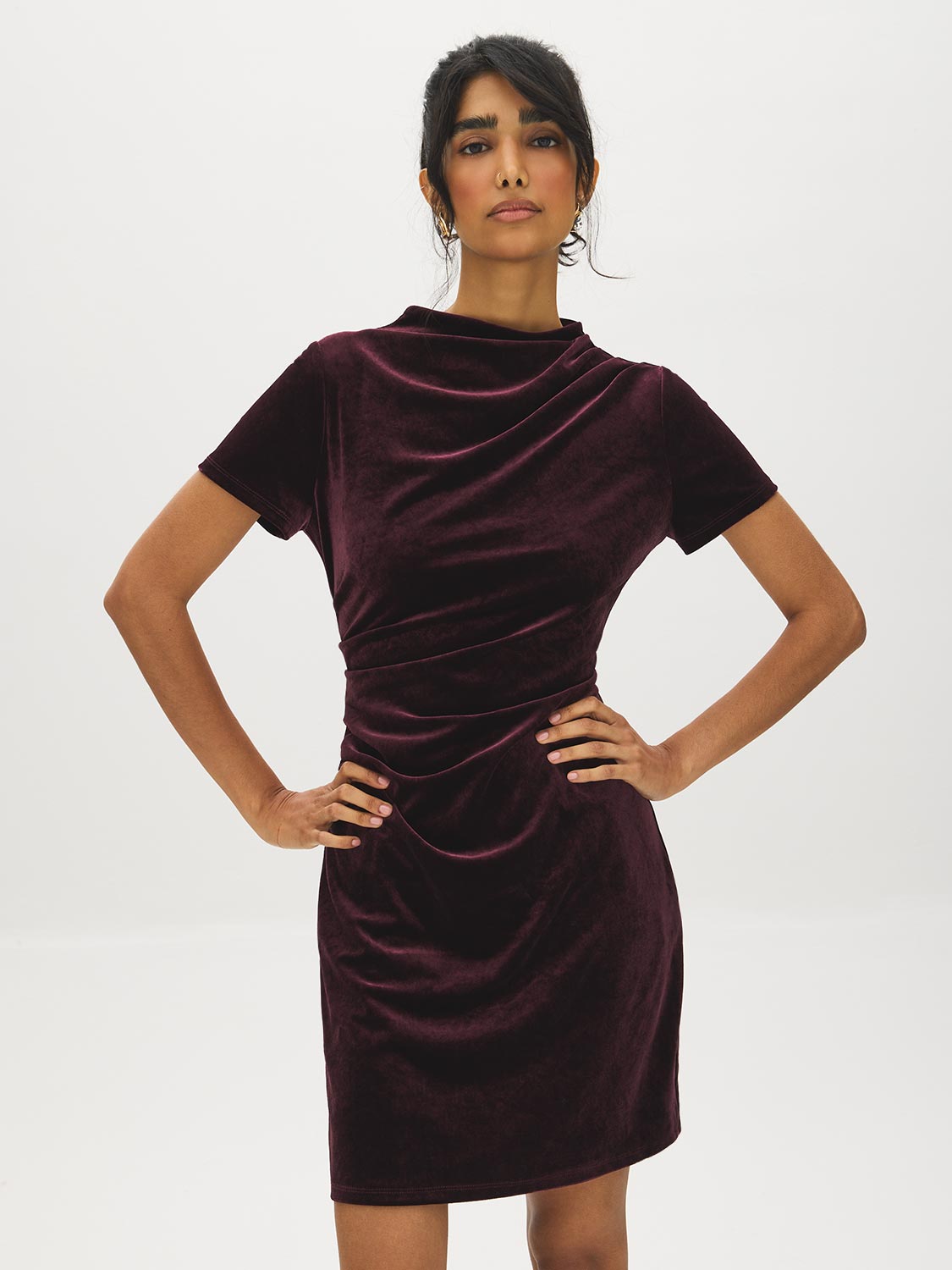 Midnight Plum Velour Mini Dress with Gathered Detail - Front View - Suzy Shier