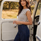 Winter White/Bison/Coffee Bean Striped Boat Neck Top - Woman Wearing Relaxed Fit Knit Top - Suzy Shier