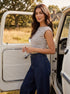 Winter White/Bison/Coffee Bean Striped Boat Neck Top - Woman Wearing Relaxed Fit Knit Top - Suzy Shier