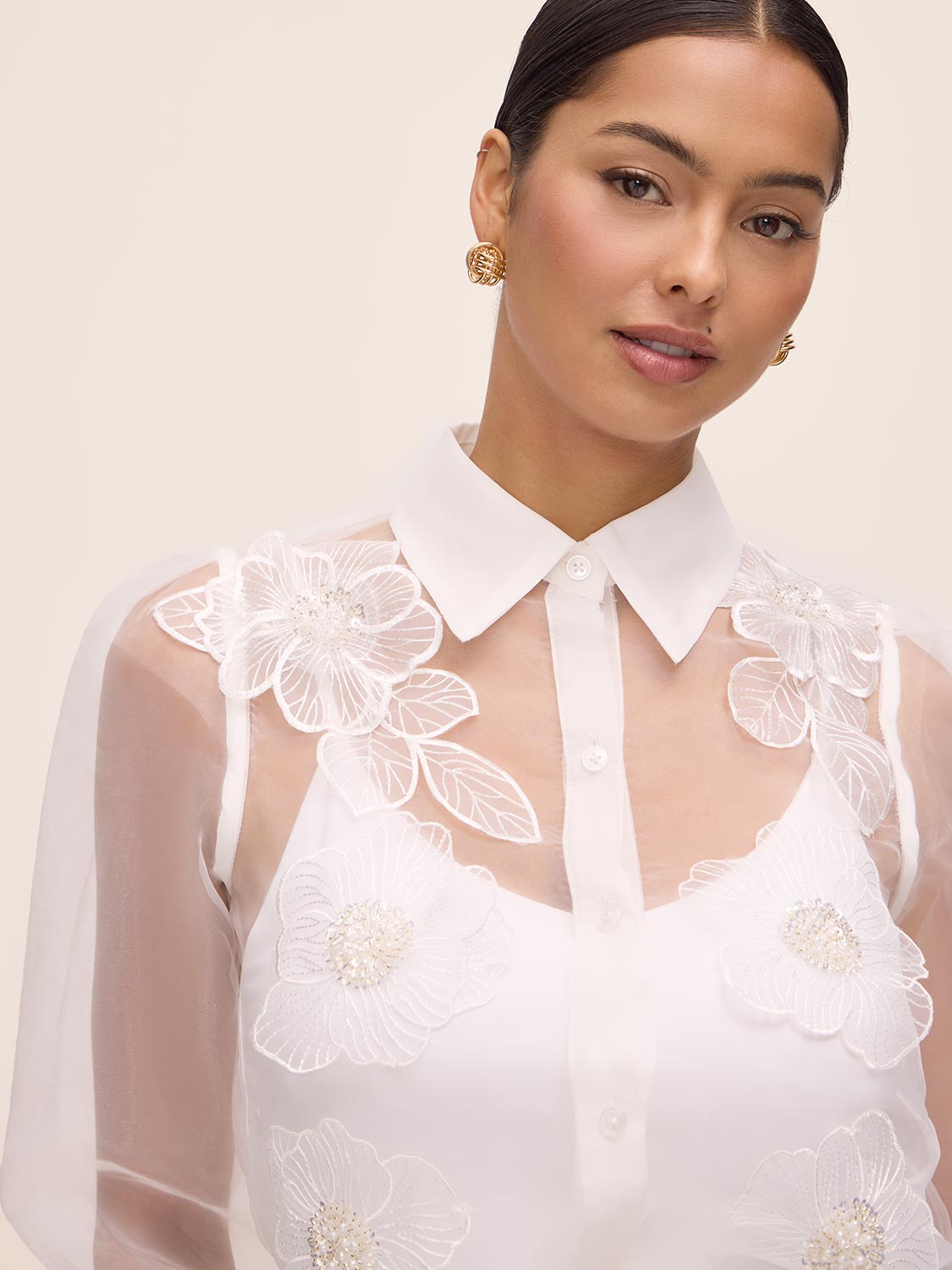 Off White Floral Appliqué Organza Blouse - Close-up Detail - Le Chateau