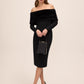 Black Off-Shoulder Knit Crepe Midi Dress with Fur Band - Elegant Evening Wear - Le Chateau